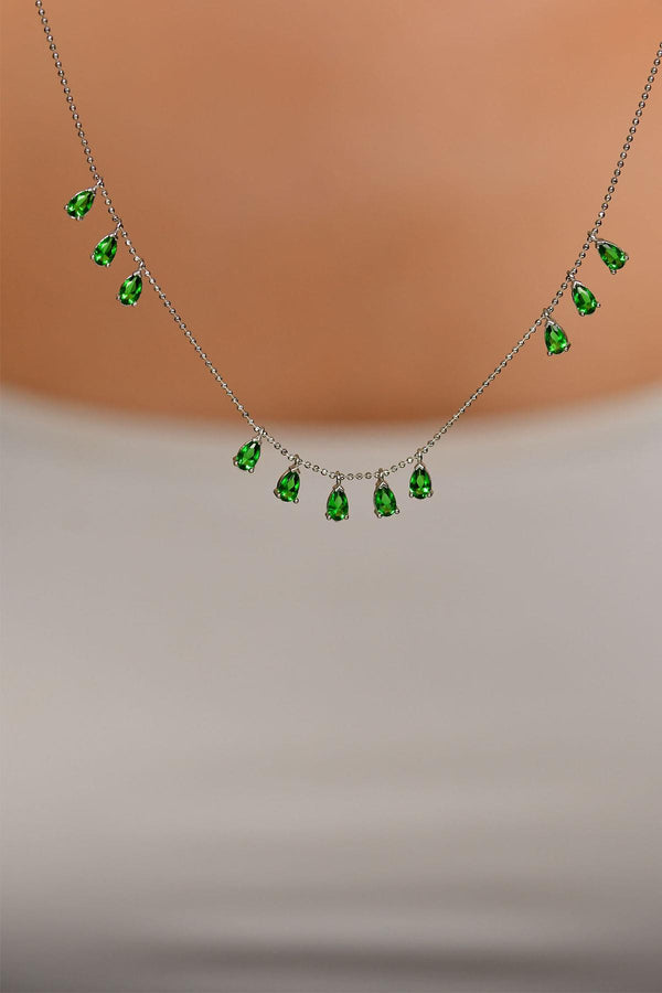Emerald Stone Rhodium Three-Row Shakira Teardrop Silver Necklace
