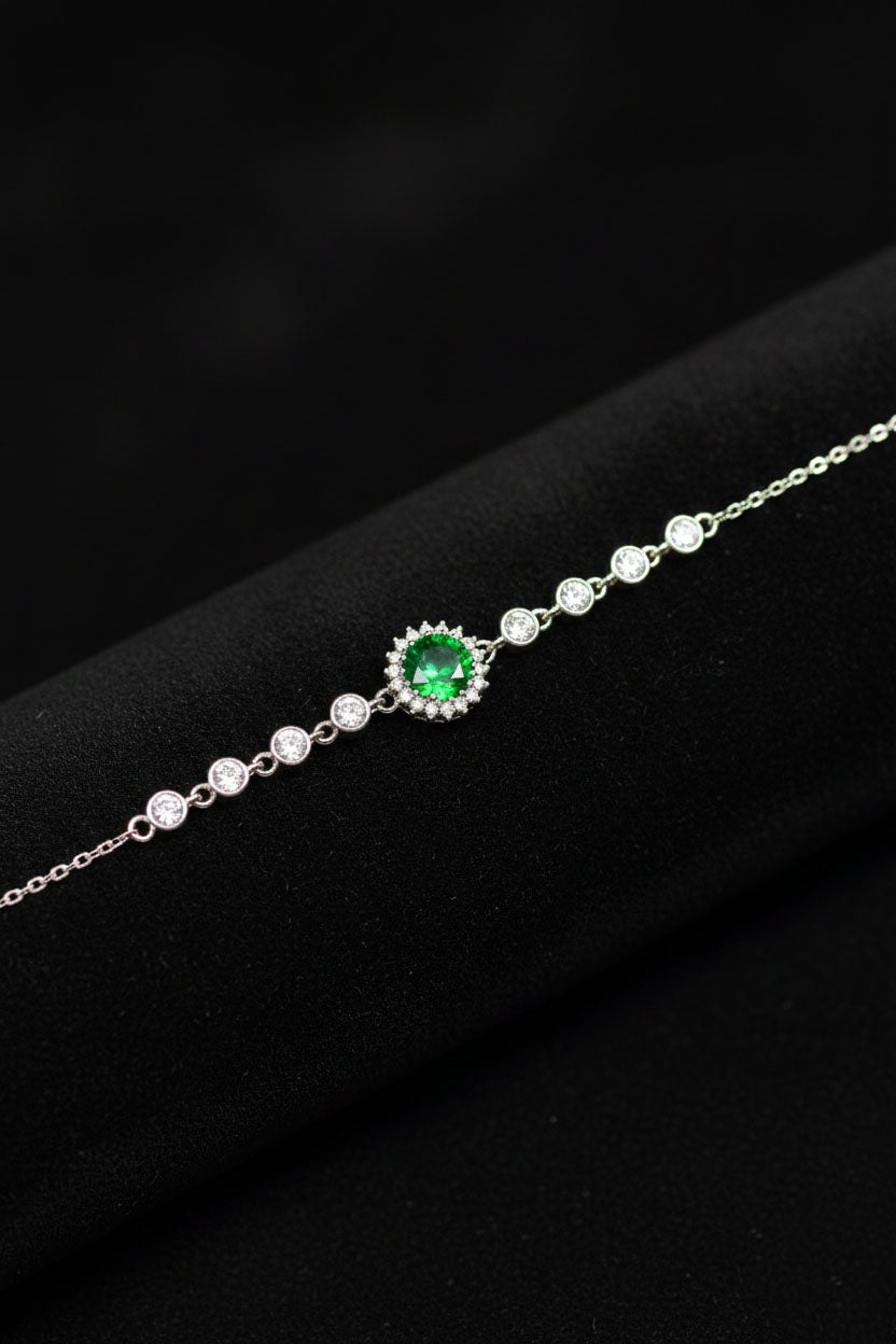 Rhodium Emerald Round Halo, Green Bracelet in 925 sterling silver