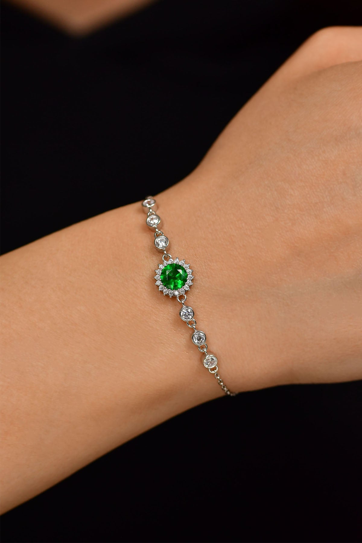Rhodium Emerald Round Halo, Green Bracelet | 925 Silver