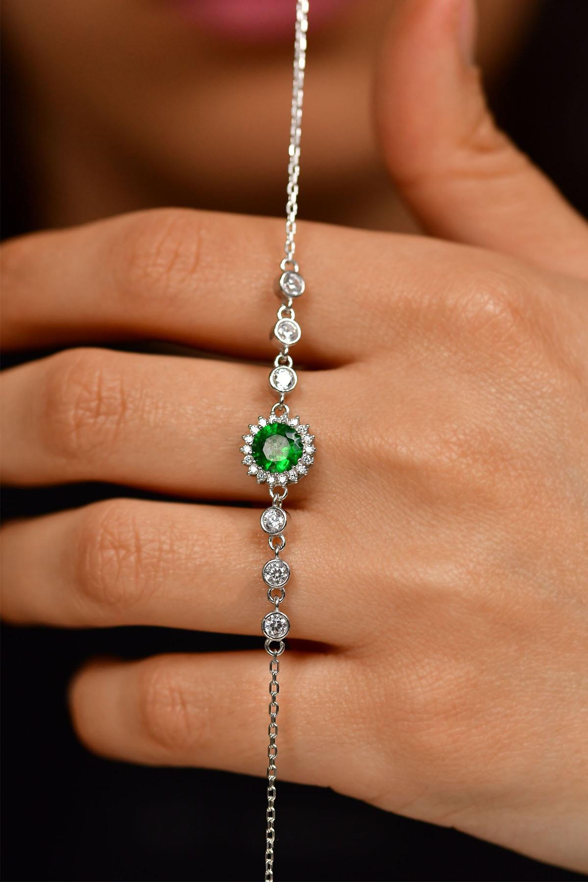 Emerald Round Halo Bracelet Rhodium Plated Silver