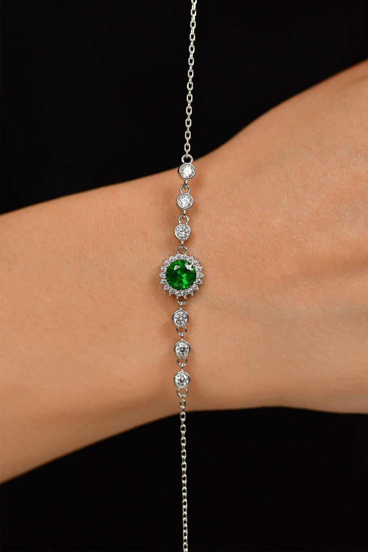 Emerald Round Halo Bracelet Rhodium Plated Silver