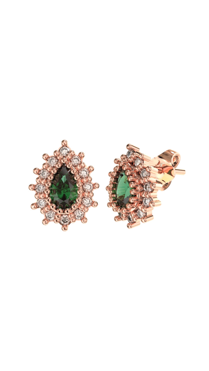 Emerald Drop Halo Minimalist Stud Earrings Rose Gold Plated Silver