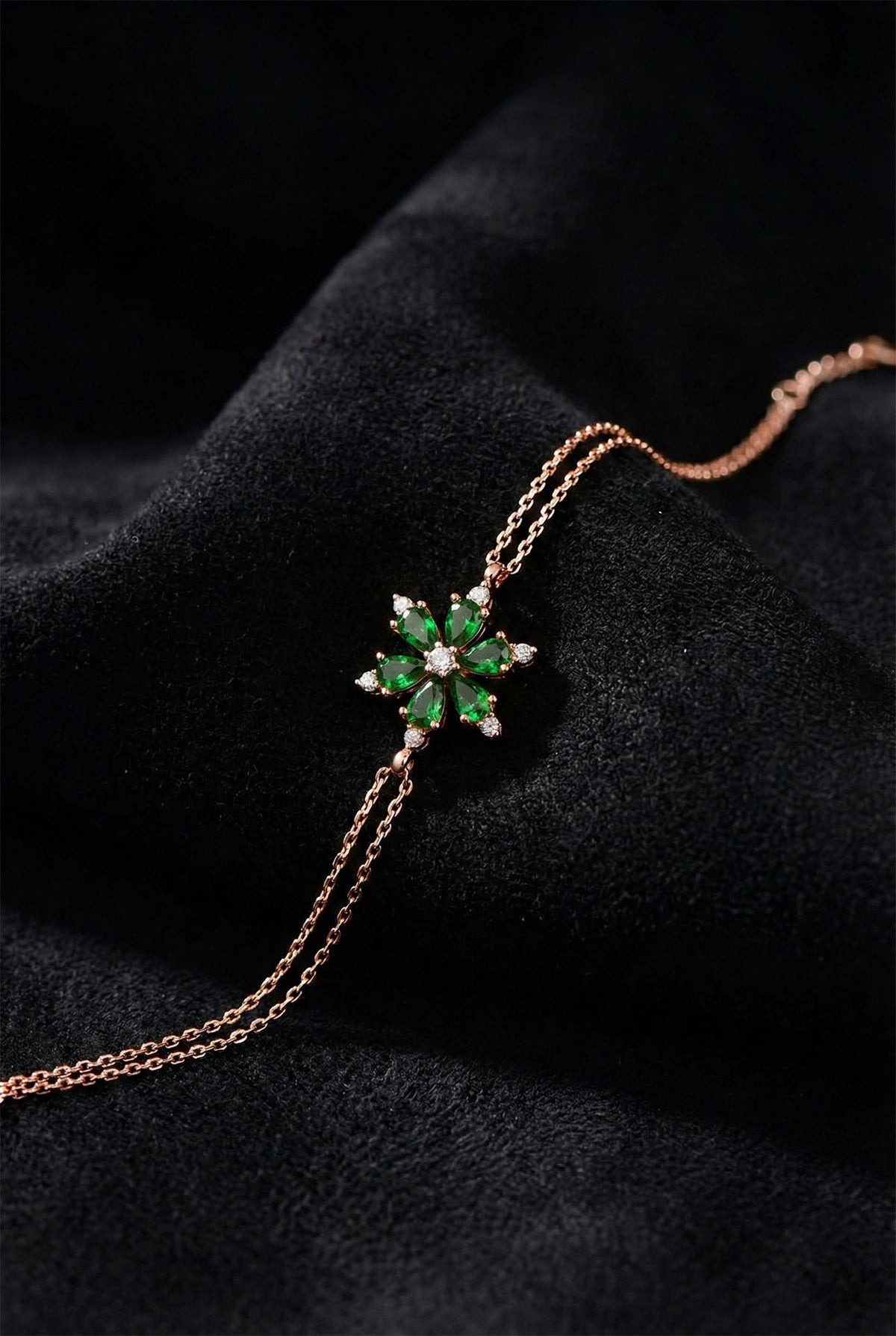 Rose Gold Emerald Lotus Flower Bracelet in 925 sterling silver