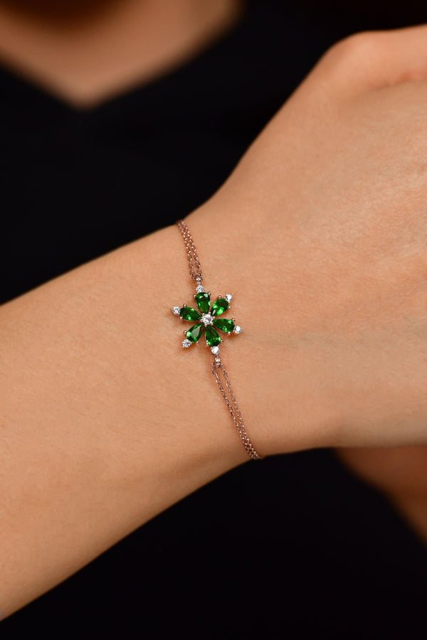 Rose Lotus Flower Silver Bracelet with Emerald Stone