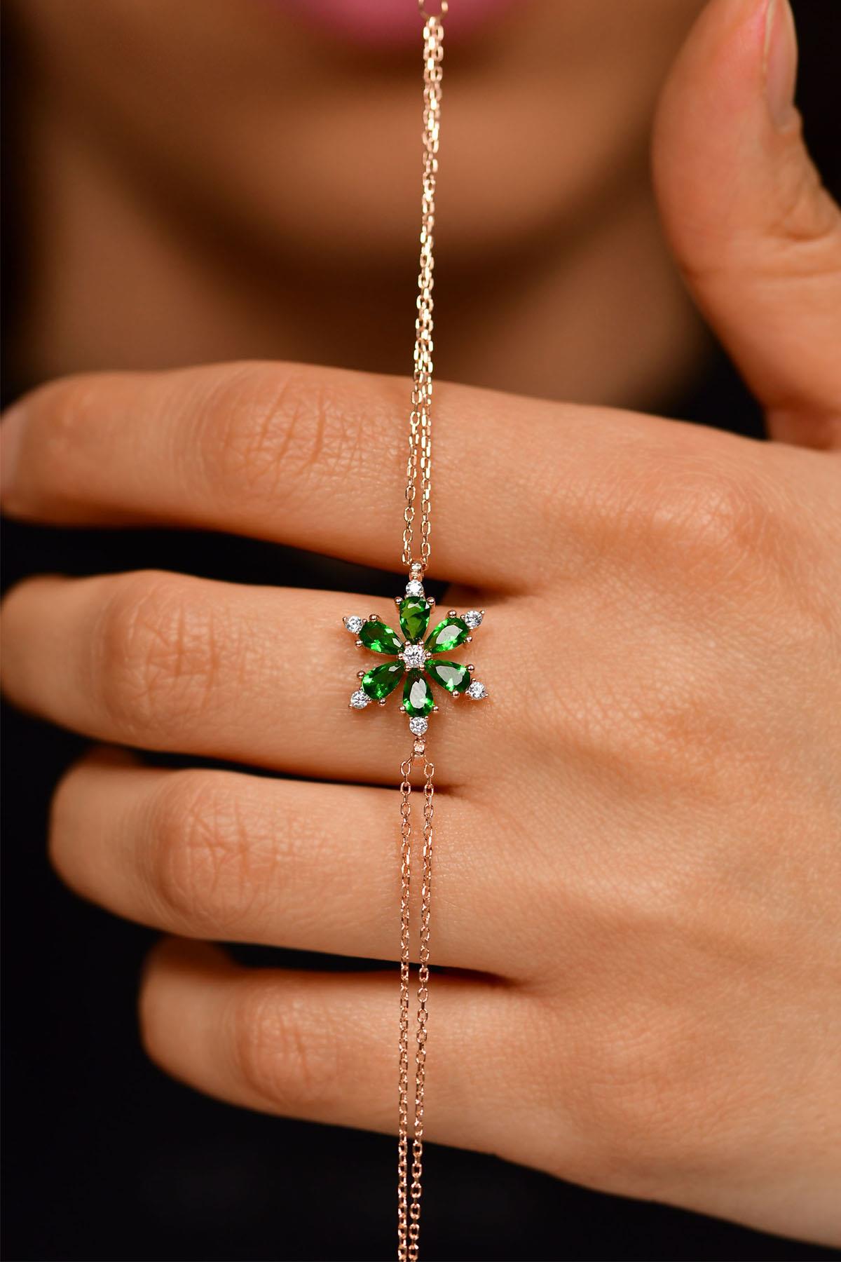 Emerald Lotus Flower Bracelet Rose Gold Plated Silver