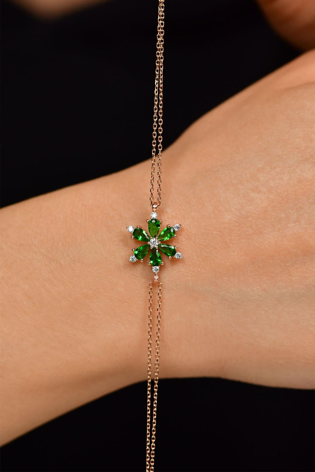 Emerald Lotus Flower Bracelet Rose Gold Plated Silver