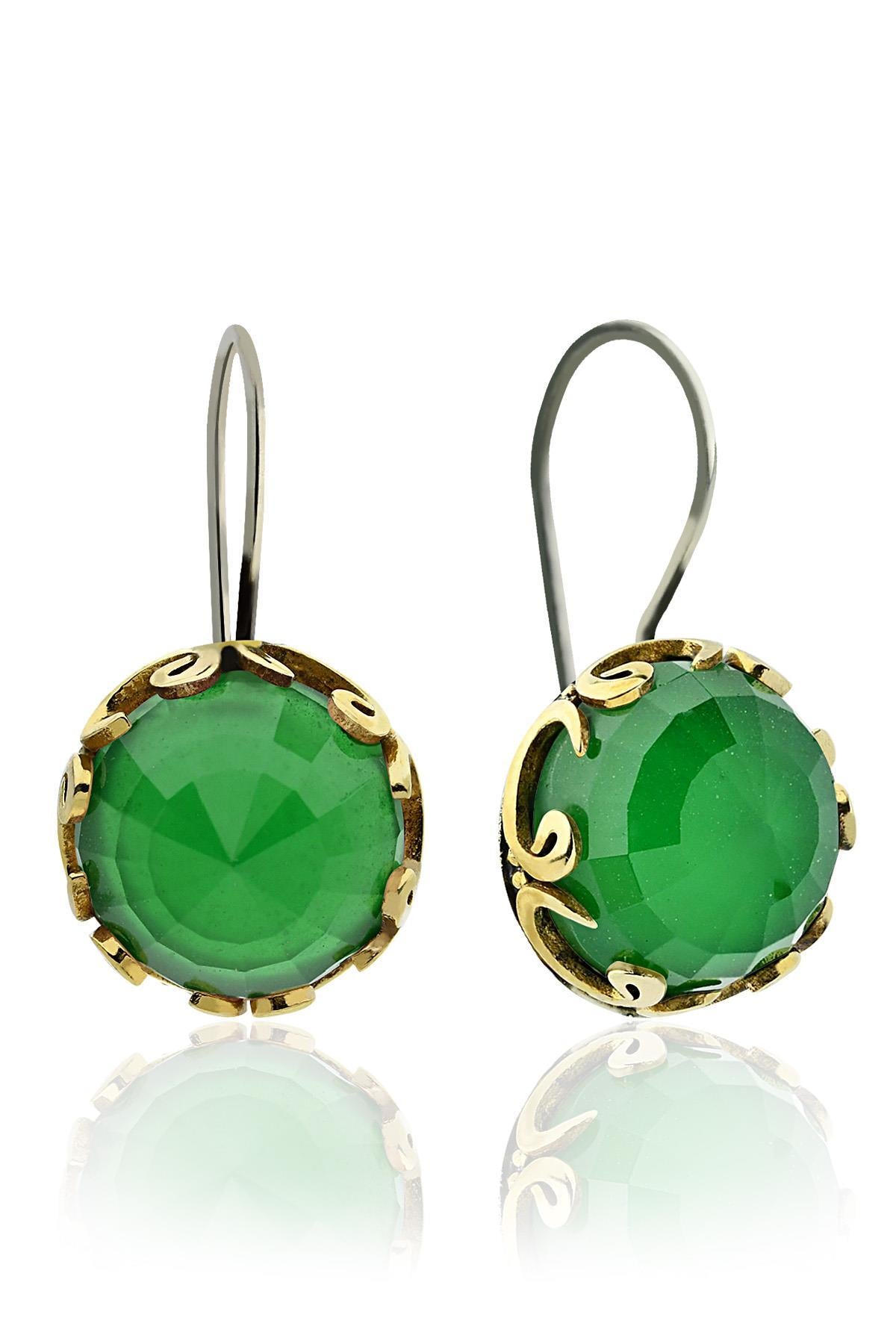 Authentic Silver Women's Earrings with Emerald Stone and Vav Letter Motif