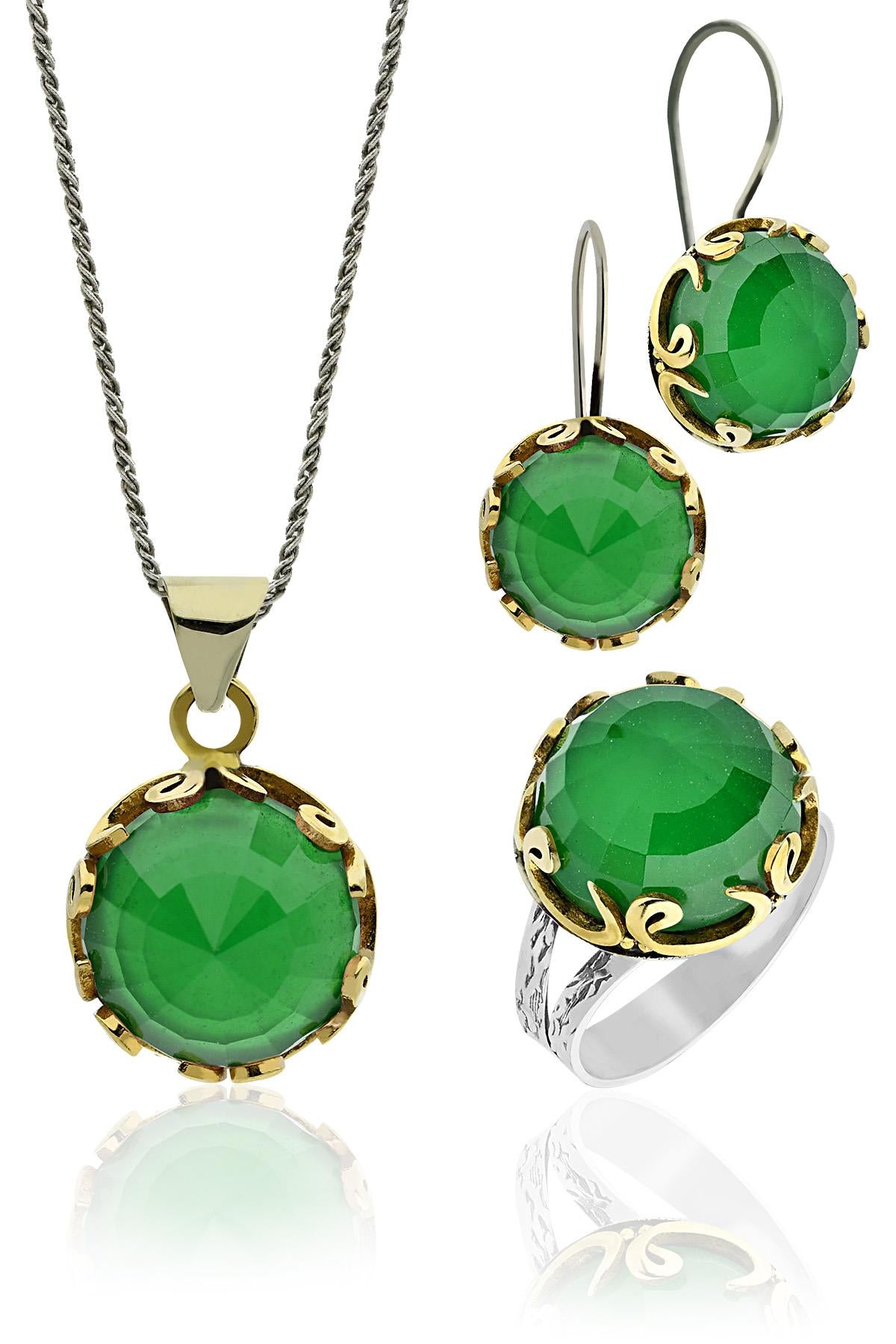 Gilded Round Vav Emerald Gemstone Jewelry Set in 925 sterling silver - view 6